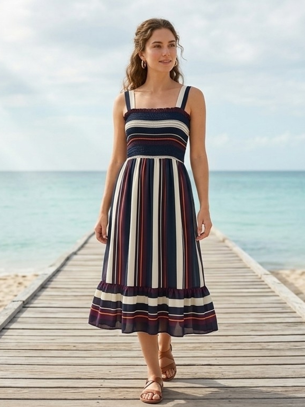 ​SOHO Pink Moon Bay Striped Smocked Midi Dress L